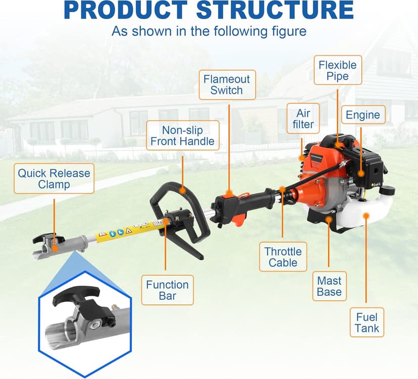 Iglobalbuy 52cc 2-Stroke 5 in 1 Garden Hedge Trimmer Combo, Gas Powered Long Reach Pole Saw Grass String Trimmer Brush Tree Cutter Pruner Weed Eater Multi Functional Garden Trimming Tools
