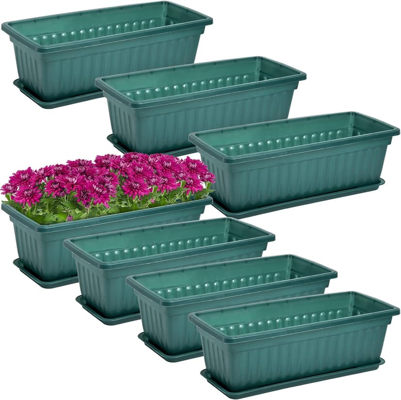 Fasmov 7 Pack 17 Inches Flower Window Box Plastic Vegetable Planters with Trays Vegetables Growing Container Garden Flower Plant Pot with 7 Pcs Plant Labels for Balcony, Patio, Garden, Green