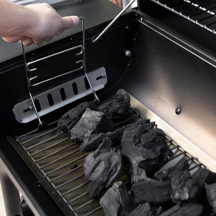 Nexgrill Premium 29" Charcoal Grill with Side Shelf, 552 SQ In Cooking Space, Adjustable Charcoal Tray, Chimney Air Vent, Warming Rack, Barrel Smoker Grill for Camping, Picnics, and More - 810-0029C