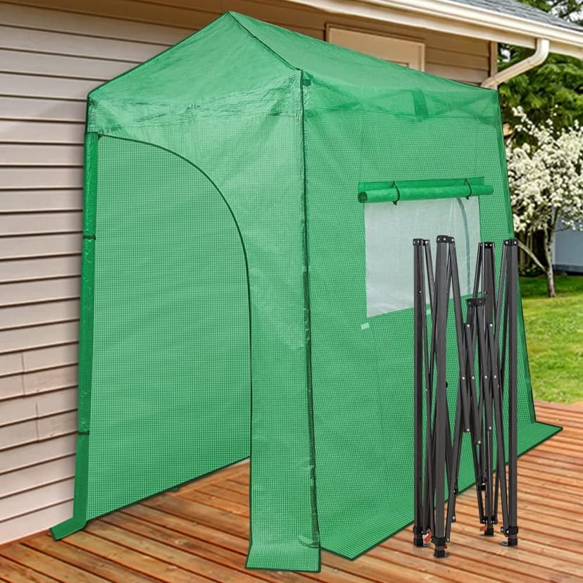 EAGLE PEAK 9x4 Lean-to Portable Walk-in Greenhouse, Pop-up Indoor Outdoor Garden Green House, Zippered Doors and Window, PE Cover, Green