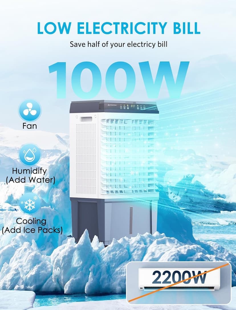 Air Choice Swamp Cooler, 1800 CFM Portable Evaporative Air Cooler with 6 Ice Box & 5.3 Gal Water Tank, 110° Swing, 3 Speeds, Upgraded Remote, 12H Timer, 3-in-1 Air Cooling Fan for Outdoor Indoor, Blue