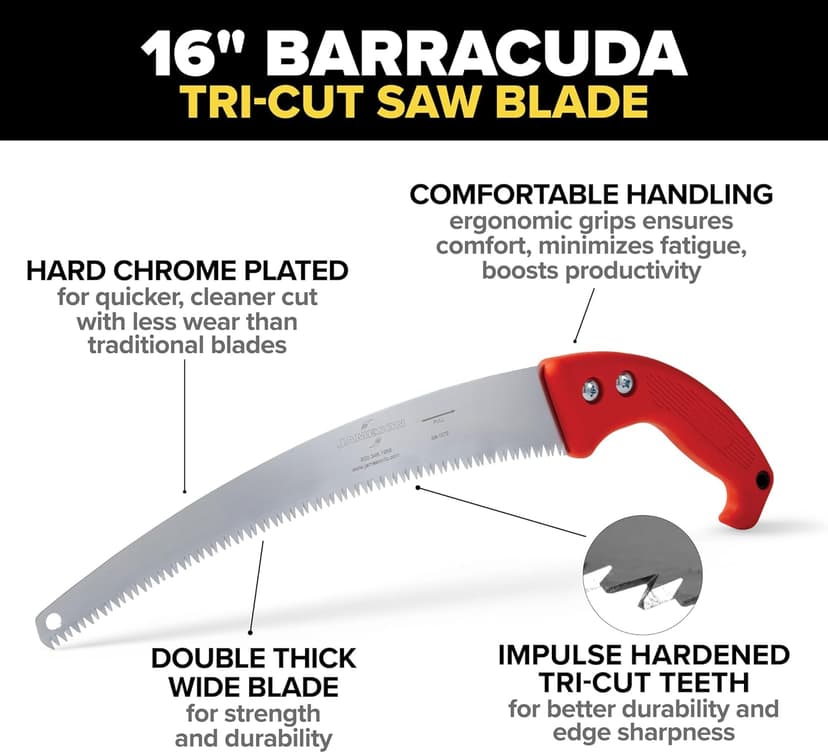 Jameson HS-16TE-O Barracuda™ Tri-Cut Hand Saw, 16" Impulse-Hardened Steel Blade with Orange Ergonomic Soft Grip Handle, Replaceable Blade for Clean Cuts