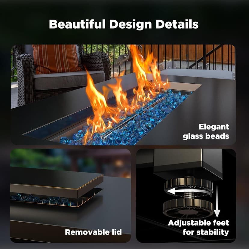 Ciays 43″ Propane Fire Pit with Glass Beads & Lid, 60,000 BTU CSA-Certified Gas Fire Pit with Cup Holders, Hanging Shelf & Nylon Cover, Large Fire Pit Table for Patio/Porch/Deck, Black