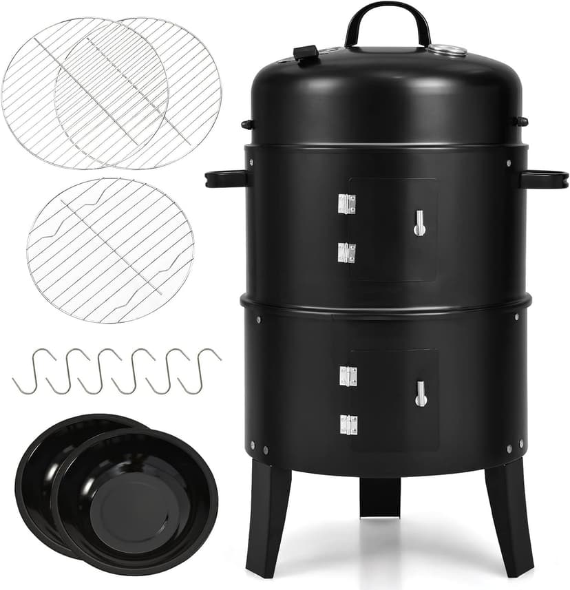 Giantex 3-in-1 Outdoor Smoker Grill, Portable Charcoal BBQ Grill with Smoker Combo, Built-in Thermometer and Air Vent, 6 Hooks, 2 Layers Vertical Steel Charcoal Smoker for Outdoor Cooking Camping