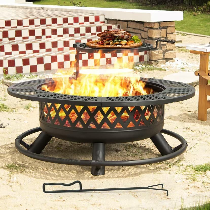 42 Inch Outdoor Fire Pit with Grill, Large Firepit Table for Outside, Metal Round Firepits with Lid&Fire Poker,3 in 1 Wood Burning Fire Pits & Outdoor Fireplaces for Backyard,Patio(Black)