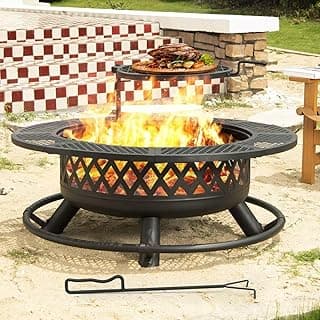 42 Inch Outdoor Fire Pit with Grill, Large Firepit Table for Outside, Metal Round Firepits with Lid&Fire Poker,3 in 1 Wood Burning Fire Pits & Outdoor Fireplaces for Backyard,Patio(Black)