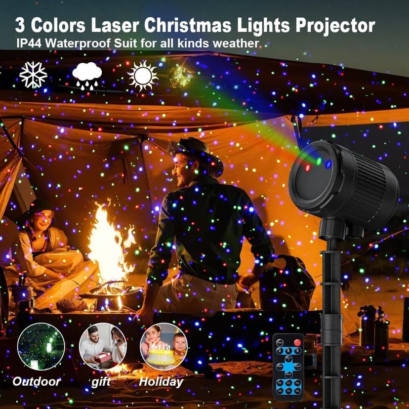Laser Christmas Projector Lights Outdoor, 3 Color Laser Light Projector, Firefly Lights Show with RF Remote, Waterproof, Indoor Holiday Decoration, Christmas Gift, Wedding, Home Decor, Party, Garden