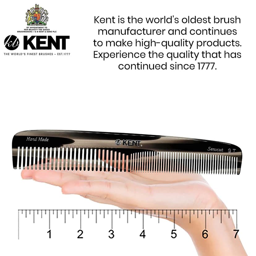 KENT 9T Double Tooth Dressing Table Comb, Tortoise Fine and Wide Tooth Coarse/Fine Dresser Comb for Hair, Beard, Mustache Styling, Grooming - For Men, Women, and Kids, Made in England