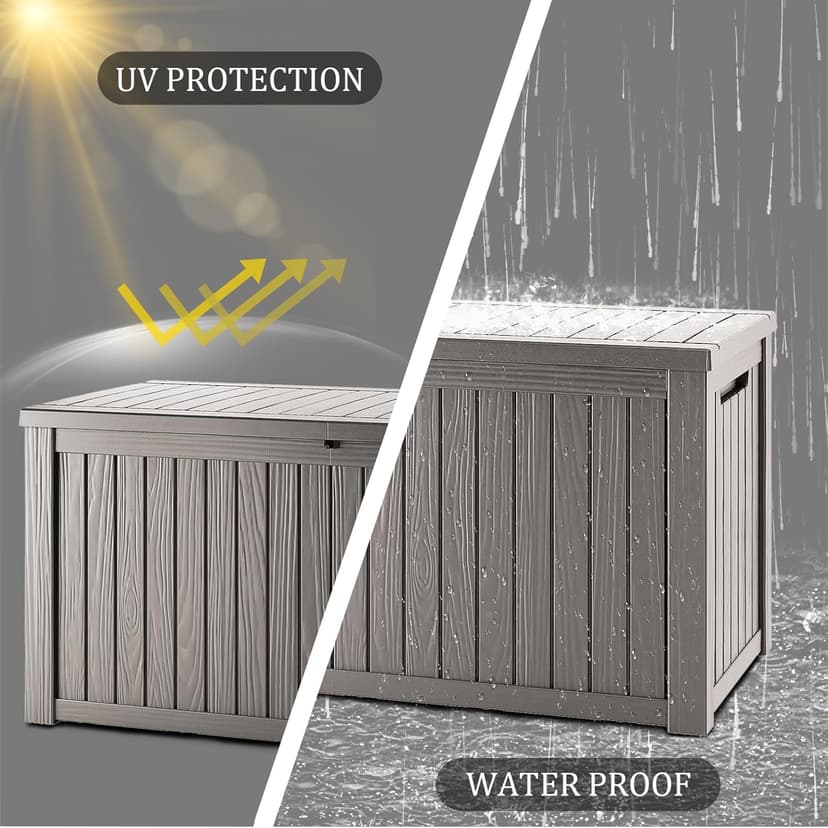 120 Gallon Waterproof Deck Box, Lockable Resin Storage Box for Patio Furniture Cushions Garden Tools and Outdoor Delivery Storage, Coffee