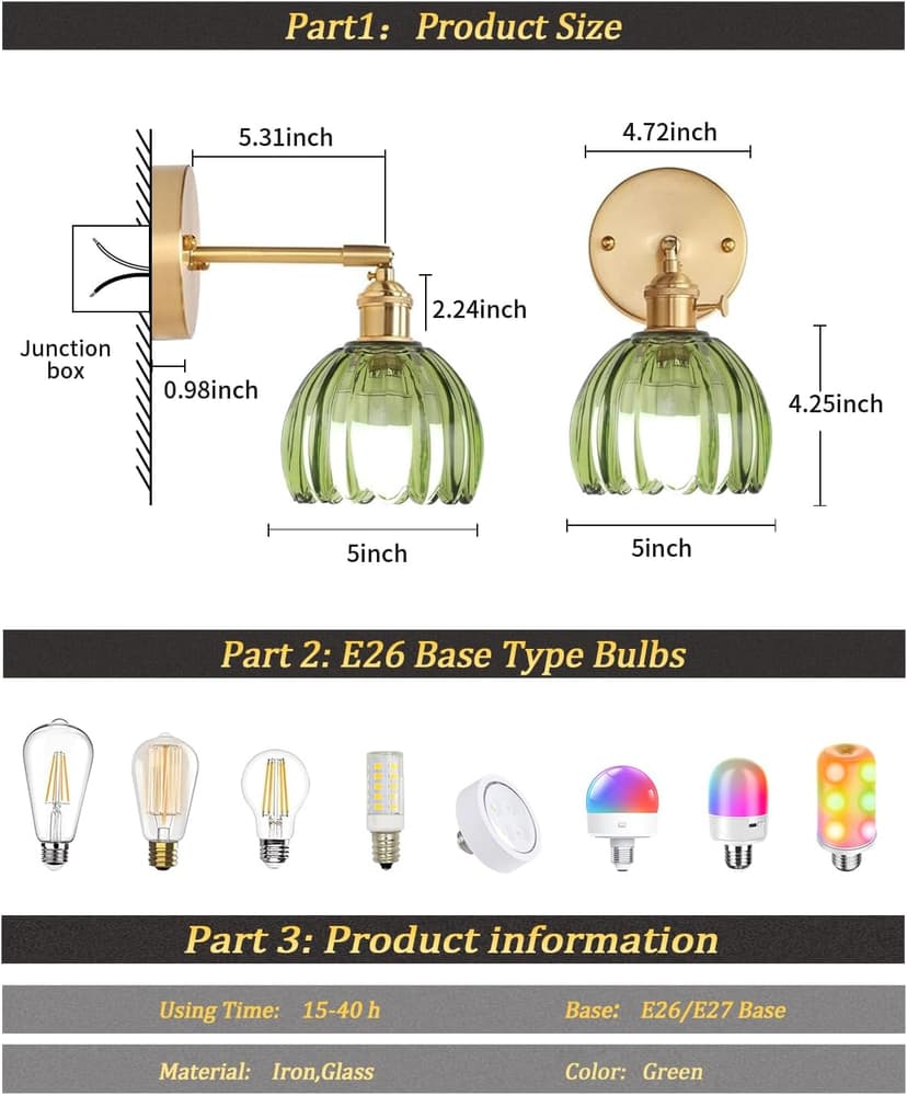 Vintage Battery Operated Wall Sconce with Green Tulip Glass Lampshade Wireless Rechargeable Battery Powered Wall Light with Remote Control for Bedside Bedroom Doorway, Set of 2