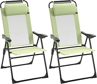 Outsunny Folding Patio Dining Chairs Set of 2, Outdoor Deck Chair with Adjustable Sling Back, Camping Chair with Removable Headrest for Garden, Backyard, Lawn, Green