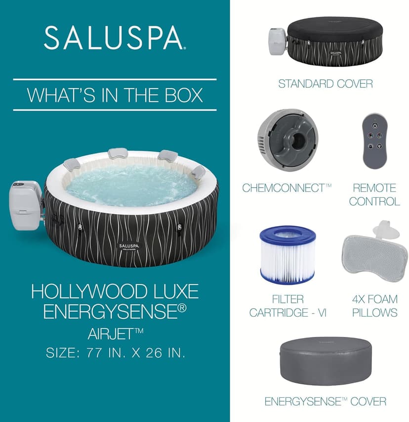 Bestway SaluSpa Hollywood EnergySense Luxe AirJet Round Inflatable 4 to 6 Adult Hot Tub with Heater, Filter, 2 Covers, and 140 AirJet System
