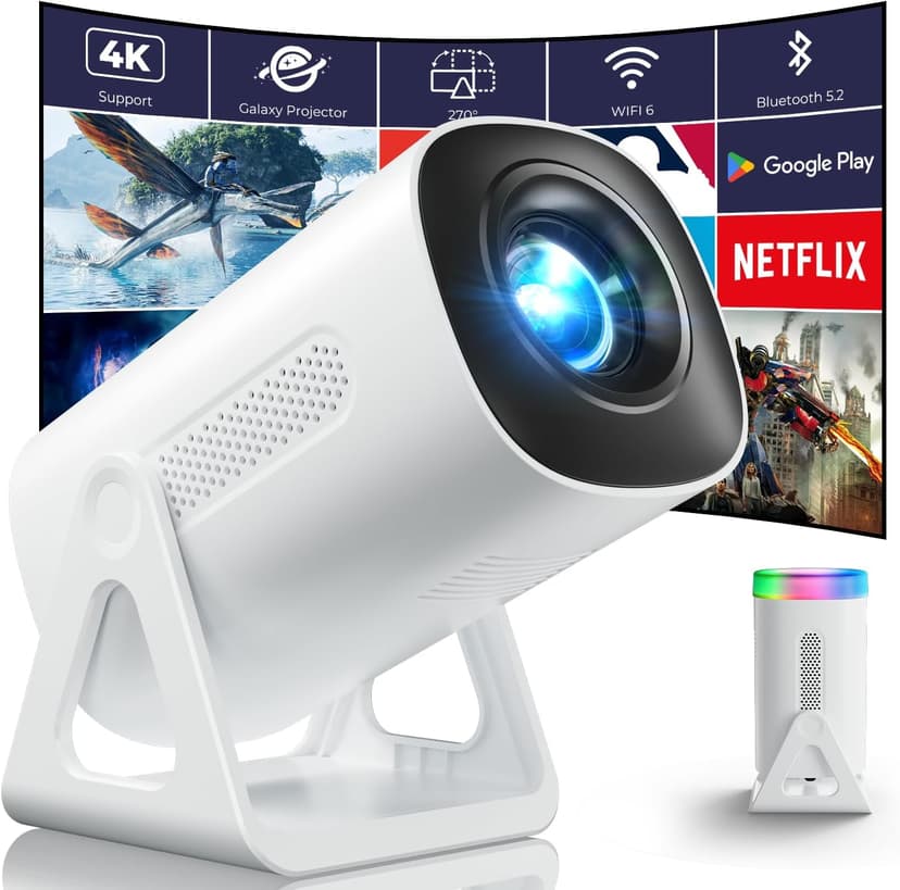 [Built-in Apps & Star Modes & Ambient Light] OPOQO 4K Mini Projector with WiFi and Bluetooth, Full HD 1080P Supported, 270° Portable Outdoor Movie Projector for TV Stick/Smartphone/HDMI/USB