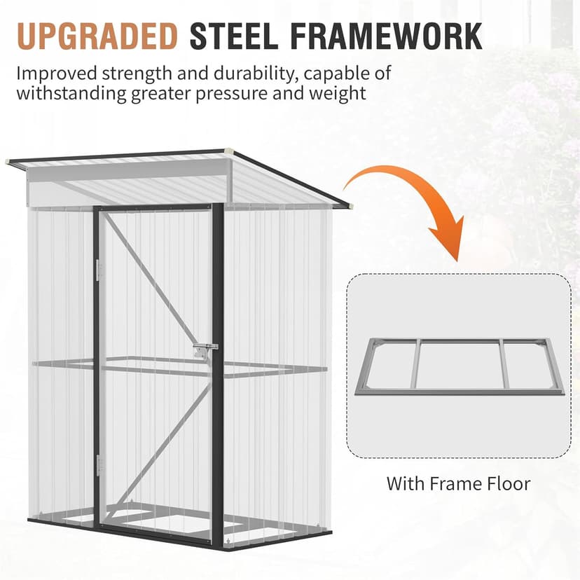 5x3 Ft Storage Shed, Outdoor Metal Shed with Floor & Lock, Small Lean to Shed, Compact Vertical Outside Bike Tiny House for Garden, Backyard, Patio, Tool