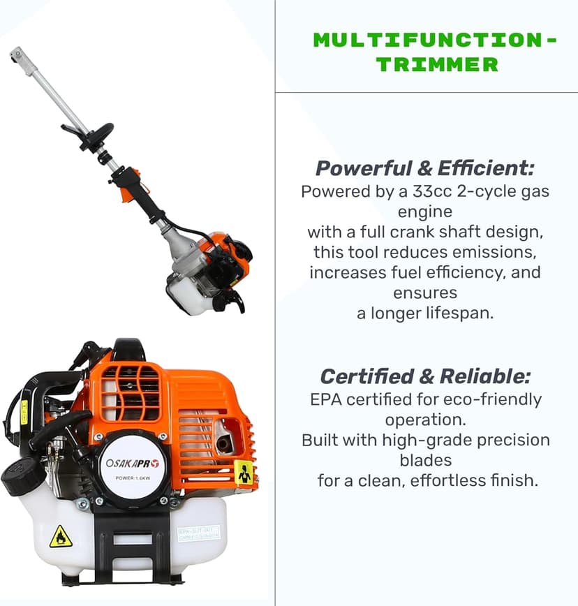 33cc 2-Cycle Gas Multi-Trimmer | 4-in-1 String Trimmer w/Rotatable Pole Saw, Weed Eater Weed Wacker, Brush Cutter & Hedge Trimmer Gas for Lawn, Yard, Garden Care, All-in-one Garden Tool