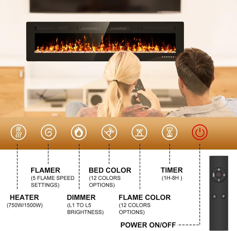 72” Recessed and Wall Mounted Fire Places Electric Fireplace Ultra Thin with Remote Control, Toucn Screen