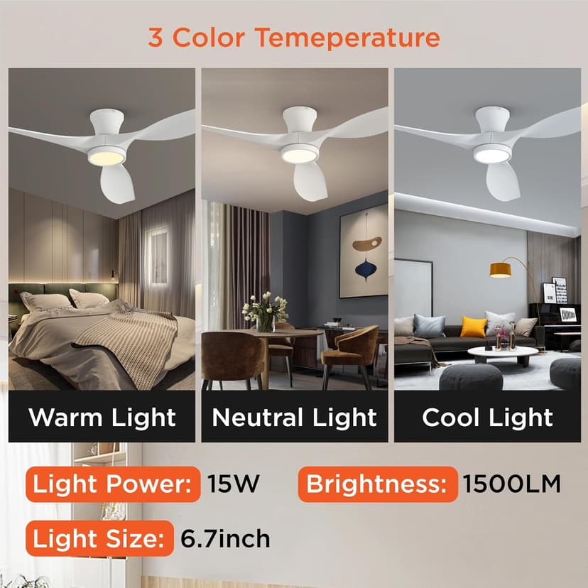 TALOYA 52 inch Ceiling Fans with Lights Remote Control, Modern Low Profile Ceiling Fan with Quiet Reversible DC Motor for Bedroom Living Room and Patio White