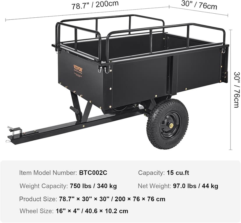 VEVOR Heavy Duty ATV Trailer Steel Dump Cart, 750-Pound 15 Cubic Feet, Garden Utility Trailer with Removable Sides for Riding Lawn Mower Tractor