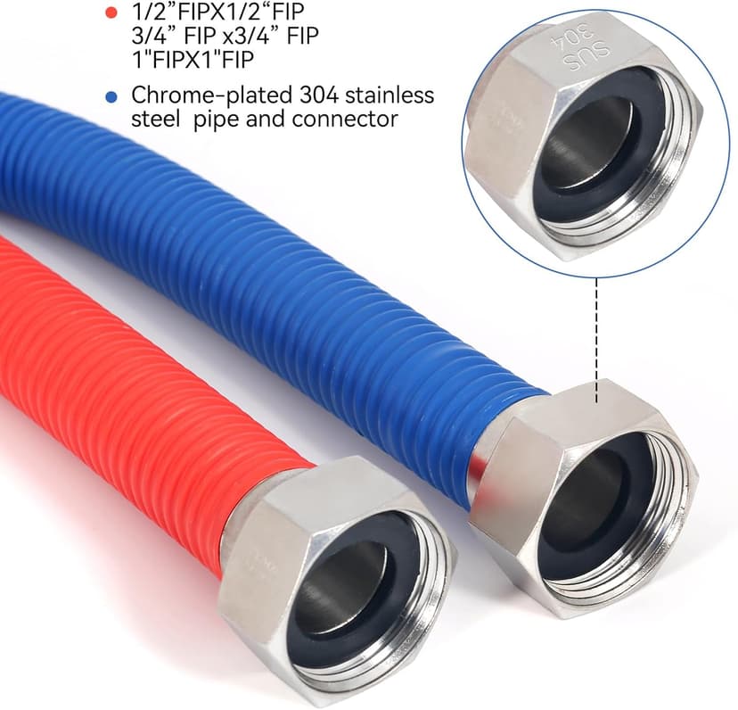 24Inch Flexible Stainless Steel Corrugated Water Heater Connector,1/2"FIP x 1/2"FIP,Flexible Water Heater Hose,Hot and Cold Color Code,304 Stainless Steel Connector and Pipe,PE Protective Layer2Pack