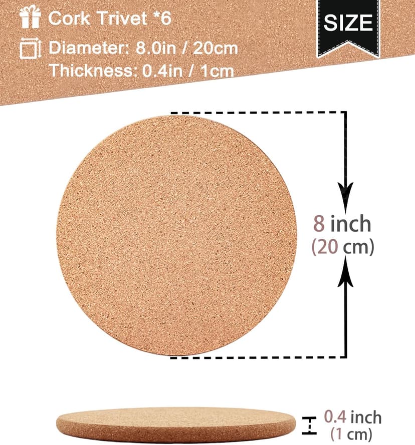 Cork Trivet, 6 Pack High Density Thick Cork Trivets for Hot Dishes and Hot Pots, 8 Inch Heat Resistant Large Coaster for Kitchen, Hot Pads for Table & Countertop