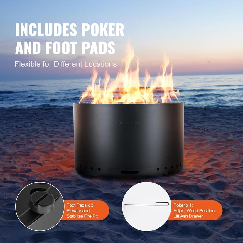 VEVOR 28 inch Smokeless Fire Pit Stove Bonfire, Wood Burning Fireplaces with Removable Ash Pan, SUS430 Stainless Steel Inner Portable Outdoor Firepit,for Outdoor Patio Camping High 17 inch