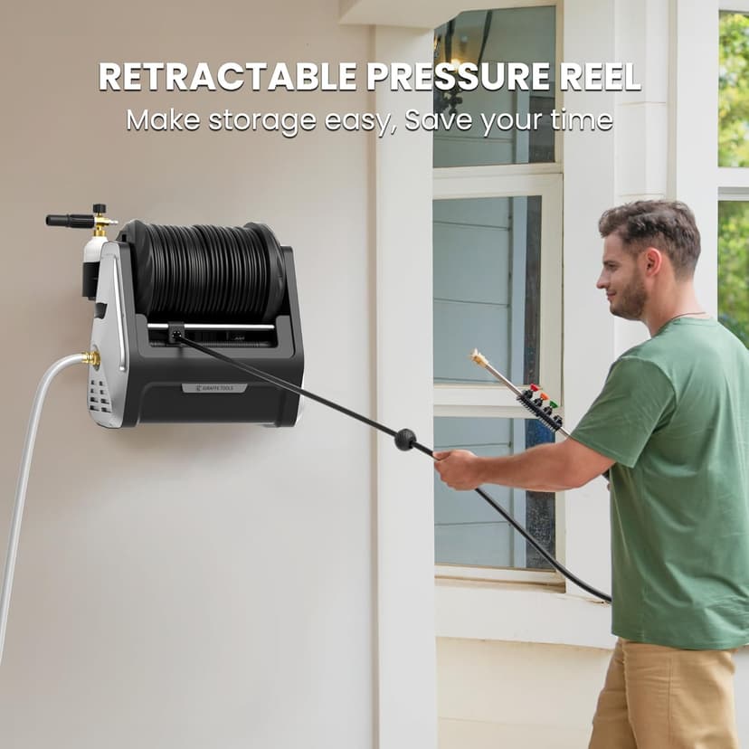Giraffe Tools Grandfalls Pressure Washer, Max 2900 PSI, 2.2 GPM Electric Wall Mounted Power Washer with 100ft Retractable Pressure Hose, Foam Cannon, 4-Nozzles for Car/Driveways/Patios, Light Silver