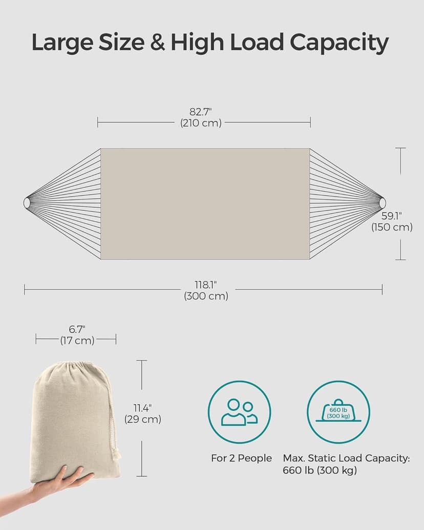 SONGMICS Double Hammock, 98.4 x 59.1 Inches, 660 lb Load Capacity, with Compression Bag, Mounting Straps, Carabiners, for Terrace, Balcony, Garden, Outdoor, Camping, Beige UGDC15M