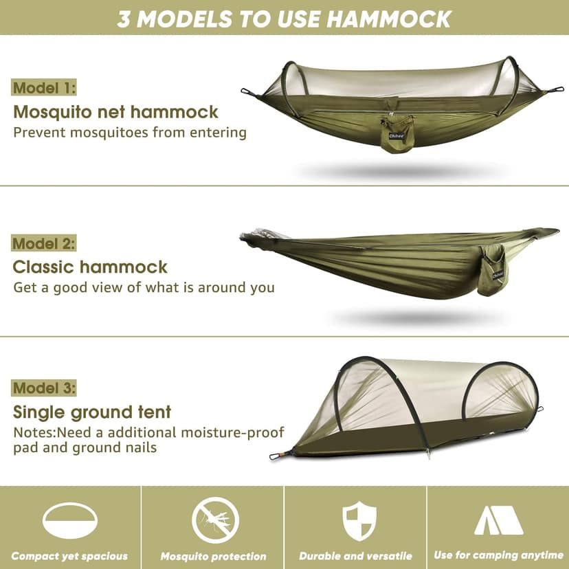 Chihee Ultra-Light Travel Camping Hammock Pop-up Net Hammock 660lbs Load Capacity,Breathable,Quick-Drying Parachute Nylon 2 Premium Carabiners,2 Tree Slings Included for Outdoor Backpacking Hiking