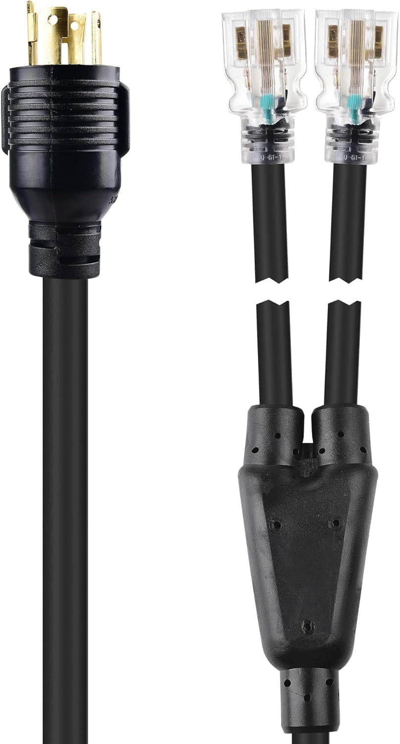 Cable Matters LED-Lit 4 Prong 30 Amp to 15 Amp Adapter for Generator (30 AMP to 110 Adapter Splitter) 30 Inches - NEMA L14-30P to 2X 5-20R