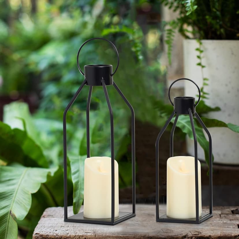 HPC Decor Modern Farmhouse Lanterrn Decor- Black Metal Candle for Christmas- Lanterns w/Timer Flickering Candles for Living Room,Home,Indoor, Outdoor,Table,Fireplace Mantle Décor