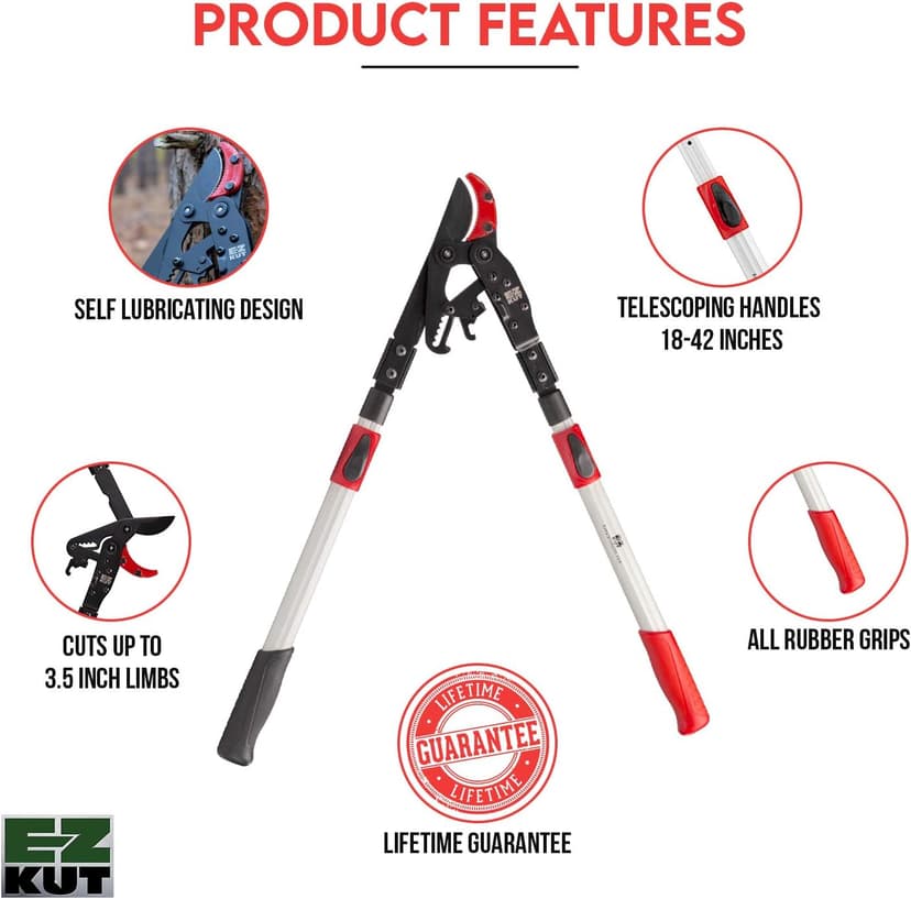 EZ Kut G2 Tree Trimmer Ratcheting Branch Cutter. Heavy Duty Branch Cutter. 42 inch Extendable Anvil Hand Loppers. Tree Pruner Trusted Since 1988. Chops Thick Branches with Ease.
