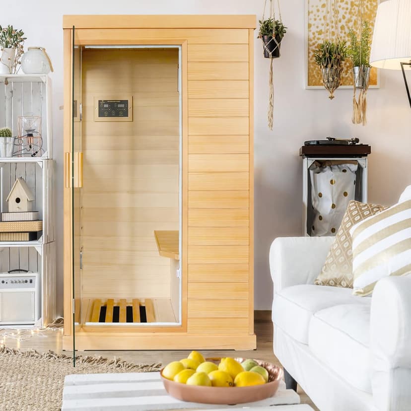 Far Infrared Sauna Home Sauna Spa Room Canadian Hemlock Wood 800W Indoor Saunas 110V with Control Panel and Tempered Glass Door, Room: 35.2 * 27.6 * 61.6Inch