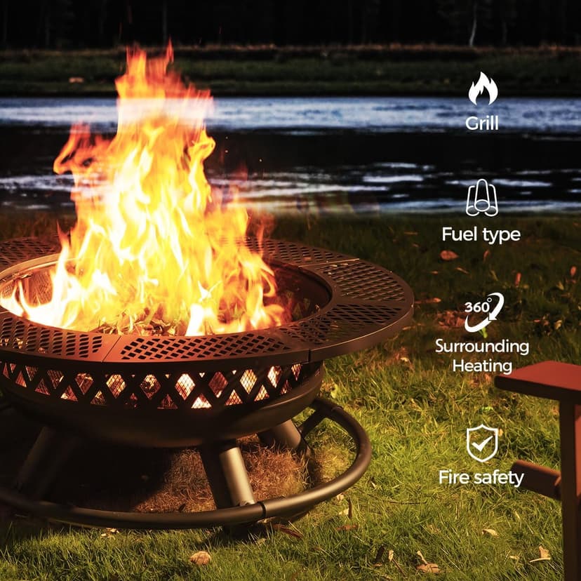 42 Inch Outdoor Fire Pit with Grill, Large Firepit Table for Outside, Metal Round Firepits with Lid&Fire Poker,3 in 1 Wood Burning Fire Pits & Outdoor Fireplaces for Backyard,Patio(Black)
