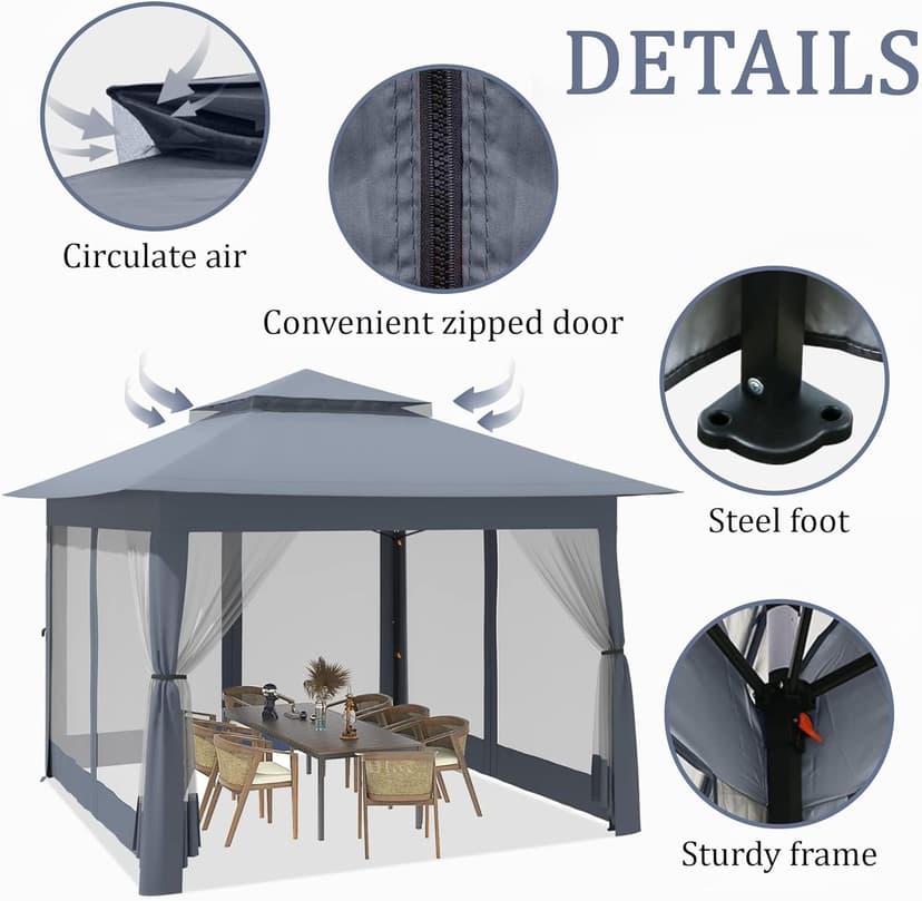 yoyomax 13X13 Outdoor Pop Up Gazebo with Netting, Portable Gazebo Waterproof Patio Canopy Shelter with Double Roof Tops and 169 Square Feet of Shade for Beach Parties, Camping and Picnics - Gray