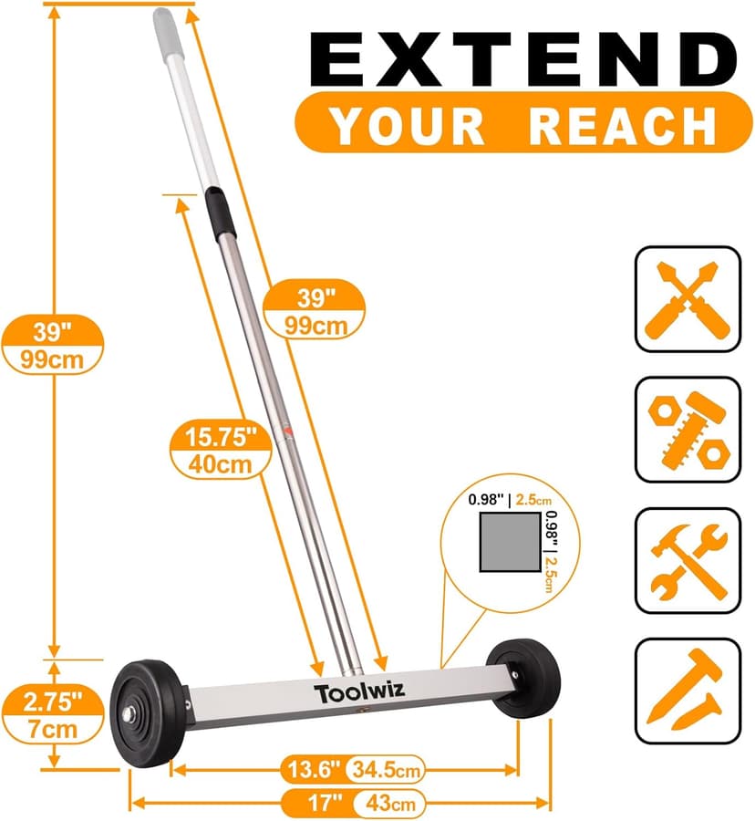 Toolwiz Magnetic Pick Up Sweeper 17-inch Heavy Duty Magnet Pickup Lawn Sweeper Roofing Tools, 8.8 Lbs Yard Tools with Telescoping Holder and Wheels to Clean Nails Adjustable Handle for Construction