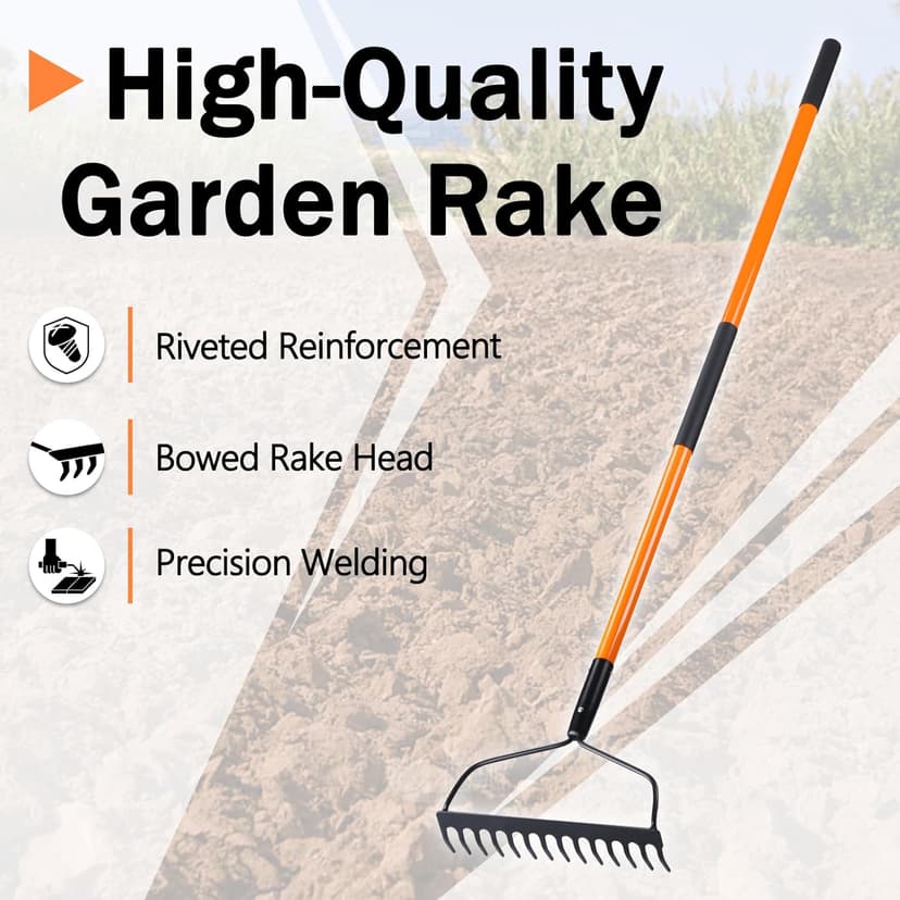 Garden Rake for Gardening, 14 Tines Garden Rake with Thick Fiberglass Handle, Heavy Duty Garden Rake for Lawns, 58 Inches