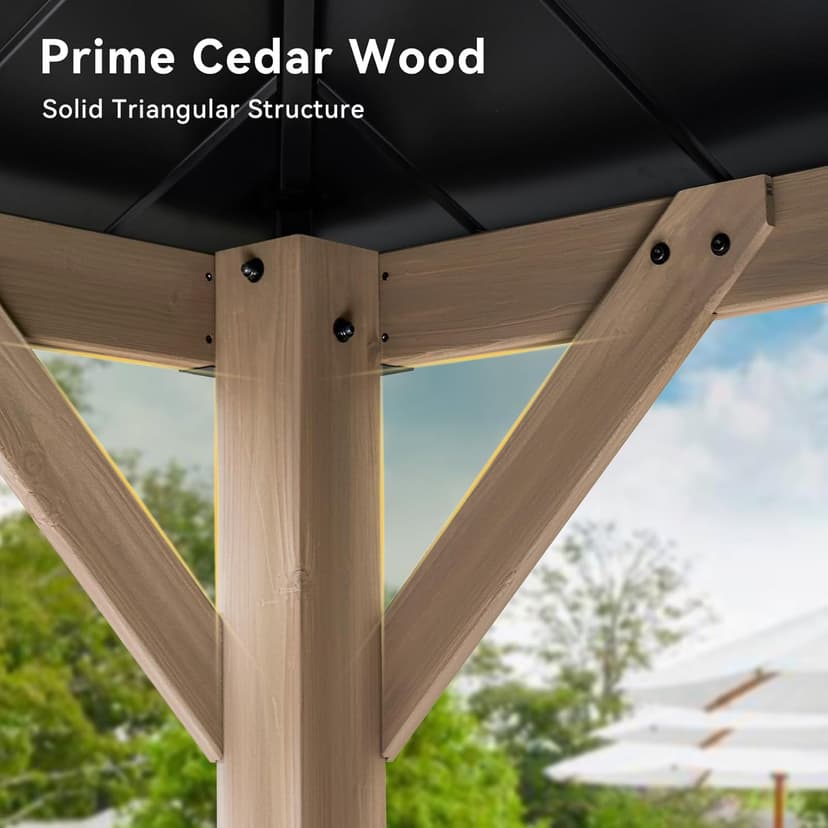 Aoxun 10' x 12' Outdoor Wood Gazebo, Hardtop Gazebo Permanent Wooden Pavilion with Galvanized Steel Roof, for Patio, Garden, Deck, Cedar Wood