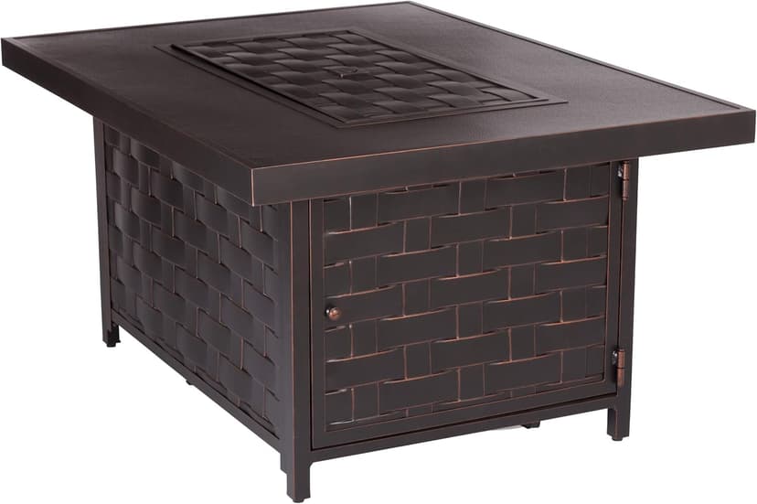 Fire Sense 62745 Armstrong Basketweave Aluminum Convertible Gas Fire Pit Table 55000 BTU Multi-Functional Outdoor Firepit with Fire Bowl Lid, Nylon Cover Clear Fire Glass Bronze Finish - Rectangular