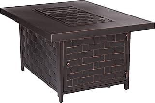 Fire Sense 62745 Armstrong Basketweave Aluminum Convertible Gas Fire Pit Table 55000 BTU Multi-Functional Outdoor Firepit with Fire Bowl Lid, Nylon Cover Clear Fire Glass Bronze Finish - Rectangular