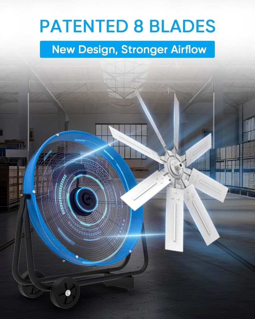 KEN BROWN 24 Inch Industrial Drum Fan, High Velocity Floor Shop Fan, Heavy Duty, 9500 CFM, 8 Blades, 3 Speeds, 360 Degree Tilt, Ideal for Industrial, Commercial, Gym, Garage Use, Blue