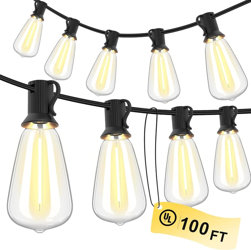 Outdoor String Lights 100 FT 52 Shatterproof LED Bulbs, UL Certified Patio Lights Outdoor Light Strings Waterproof for Patio Yard Outside Party Wedding, Connectable Dimmable 50 Sockets 2700K