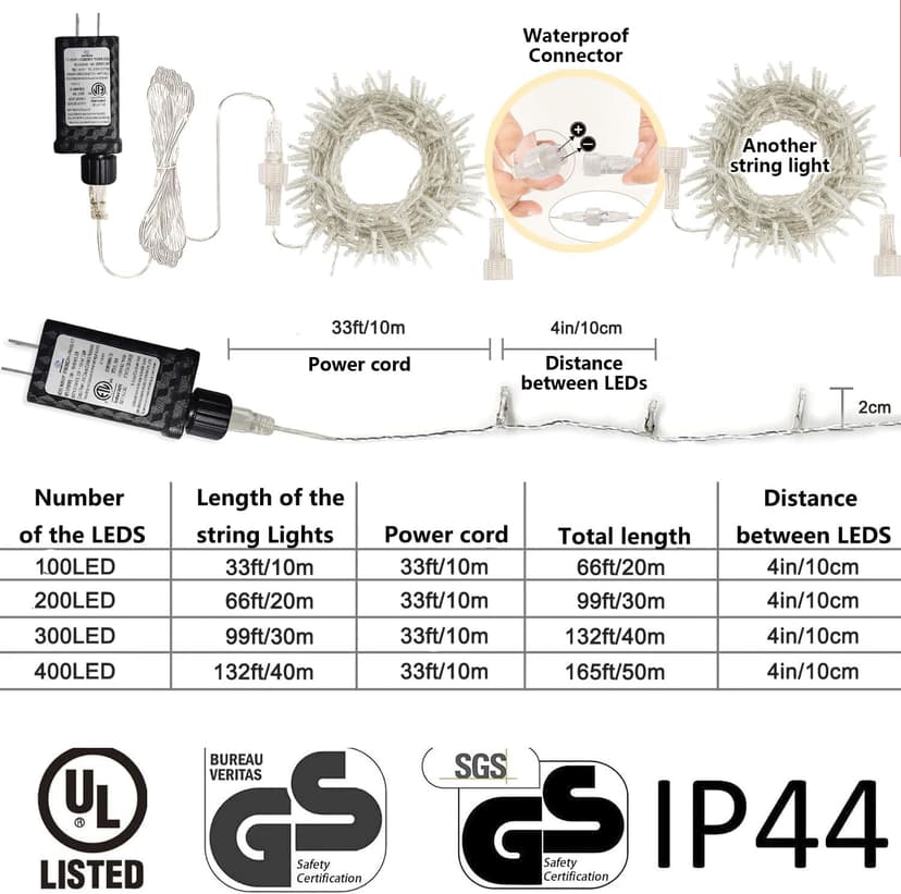gresonic 99ft 300 LED String Lights Indoor Outdoor, Warm White Christmas Lights Clear Wire, 8 Modes Waterproof Twinkle Fairy String Lights Plug in for Tree Room Bedroom Wedding Decorations