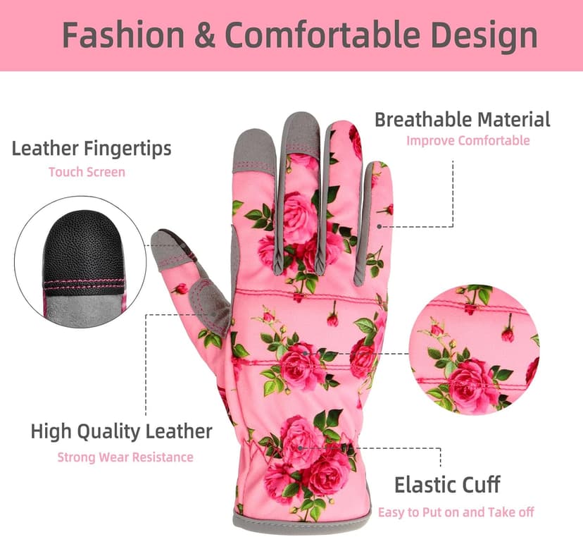 Leather Gardening Gloves for Women, Flexible Breathable Garden Gloves,Thorn Proof Working Gloves for Weeding, Digging and Pruning, Medium, Pink