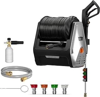 Giraffe Tools Grandfalls Pressure Washer, Max 2900 PSI, 2.2 GPM Electric Wall Mounted Power Washer with 100ft Retractable Pressure Hose, Foam Cannon, 4-Nozzles for Car/Driveways/Patios, Light Silver