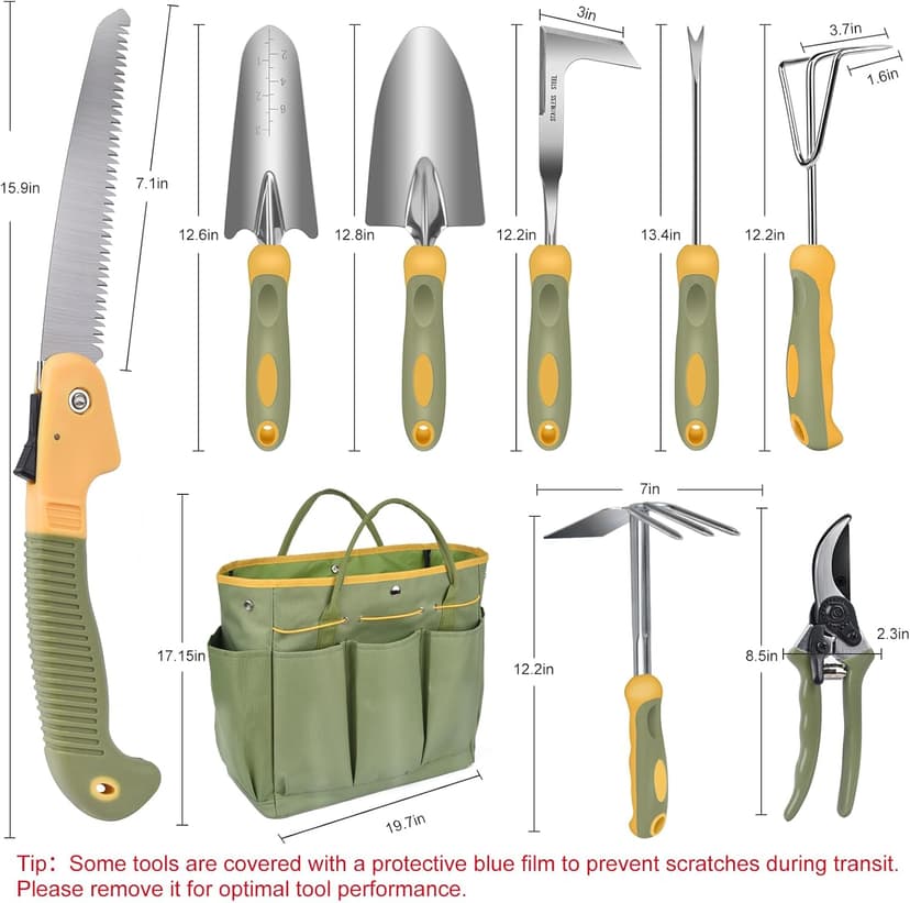 Garden Tool Set, WisaKey 9 Piece Stainless Steel Heavy Duty Green Gardening Tools with Non-Slip Ergonomic Handle, Durable Garden Tool Bag, Ideal Gardening Hand Tools, Gardening Gifts for Women and Men