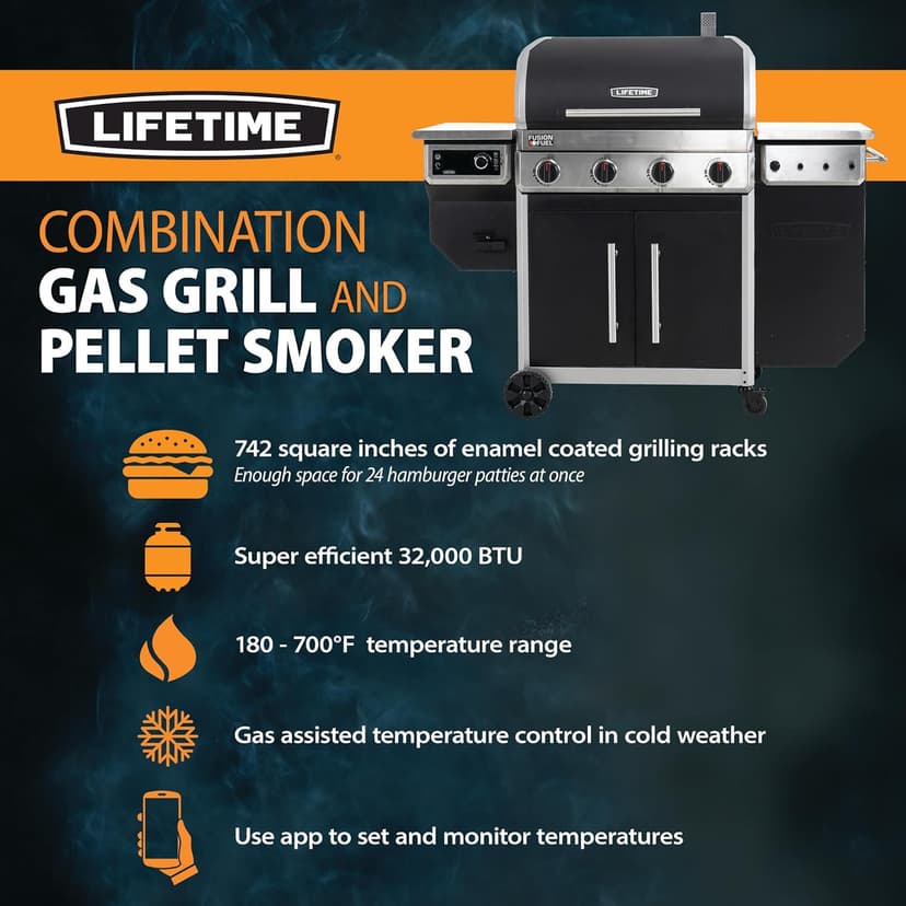 Lifetime Gas Grill and Wood Pellet Smoker Combo, WiFi and Bluetooth Control Technology