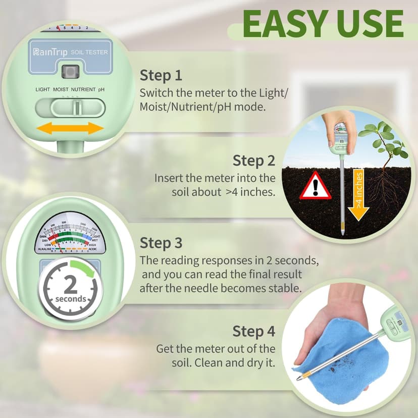 Soil Moisture Meter, 4-in-1 Moisture Meter for Plants, Tester for Moist, Light,Nutrients, pH, Soil Test Kit, Great for Garden, Lawn, Farm, Indoor & Outdoor Use, No Battery Required
