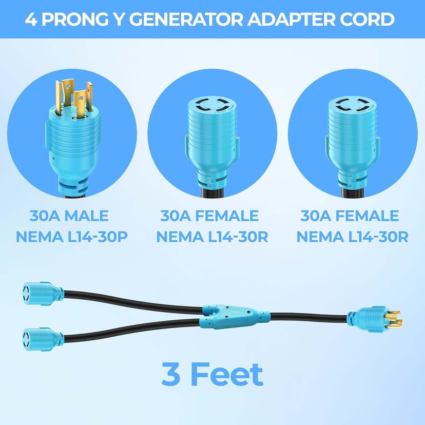 CircleCord 4 Prong 30 Amp Generator Splitter Y Adapter, NEMA L14-30P to 2X L14-30R, 10 AWG SJTW for Manual Transfer Switch, Generators, 125/250V 7500W