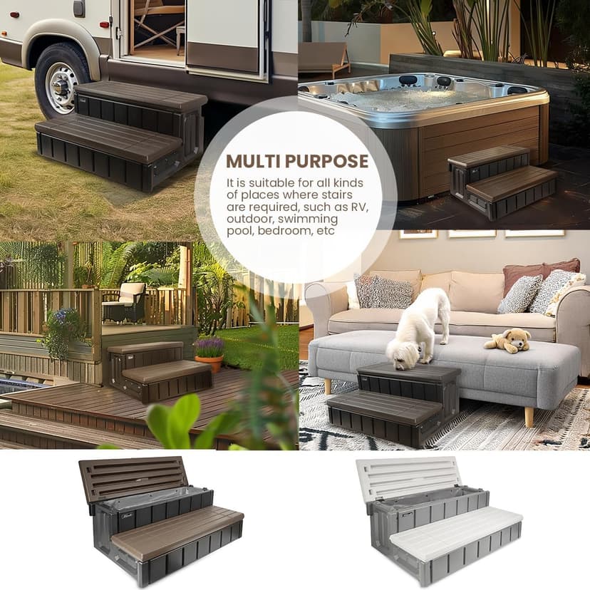 XtremepowerUS Universal 2 Slip-Resistant Spa & Hot Tub Step Outdoor Indoor Compartment Spa Step with Storage, Brown/Black