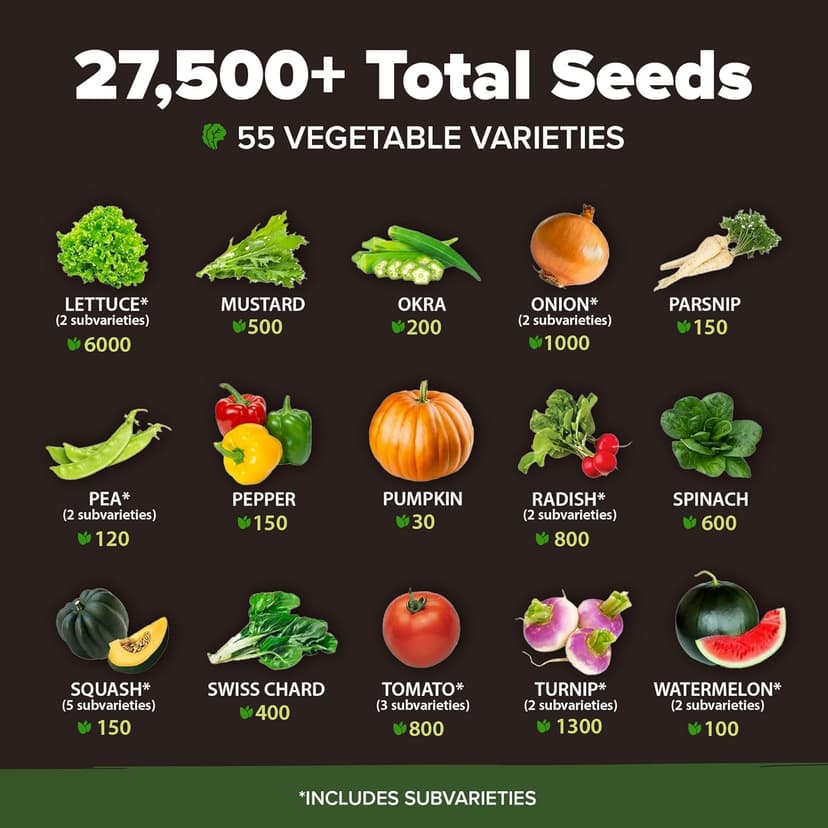 HOME GROWN 55 Vegetable Seeds Pack – 28,000+ 𝗨𝗦𝗔 Heirloom 𝗡𝗢𝗡-𝗚𝗠𝗢 Seeds for Planting – Spring, Fall, Winter Garden Kit – Survival Seed Vault for Preppers & Gardeners – Gift for Men & Women